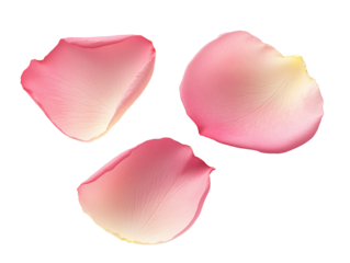 Three pink rose petals falling on transparent background