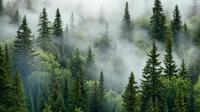 Misty pine forest with rolling fog creating an enchanting atmosphere