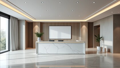 Fototapeta premium Modern Marble Reception Desk in Luxurious Office Lobby
