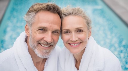 portrait of soft smiling caucasian couple 55 years old in white bathrobe on pool background, vacation, spa