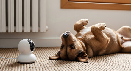 Naklejka na ściany i meble Dog Lying Down While Being Monitored by Smart Camera. 