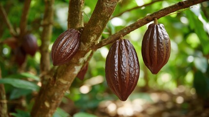 Cacao Tree With Ripe Pods Hanging From Branches In Tropical Setting