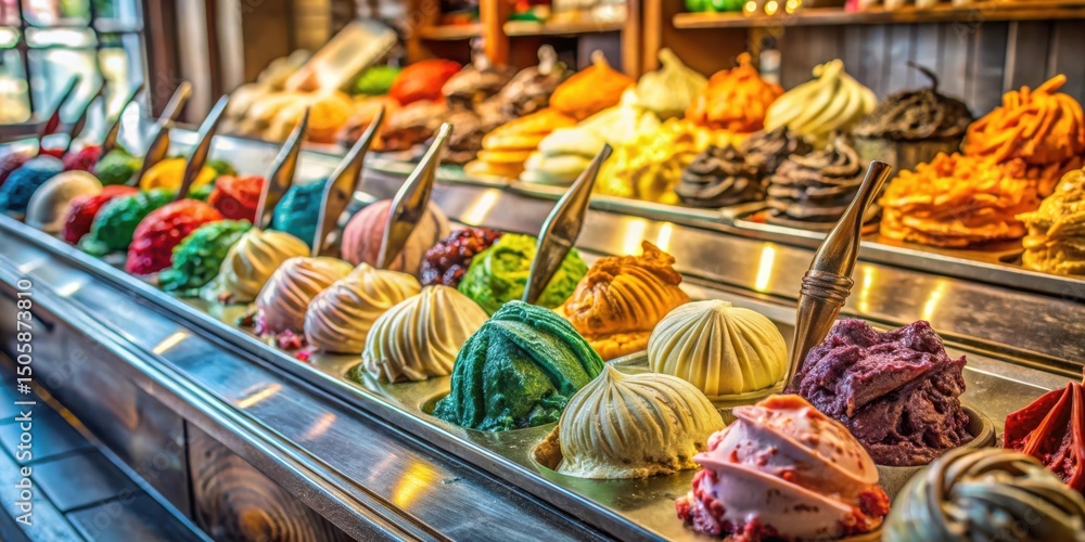 Poster a showcase of delectable flavors a colorful array of artisanal gelato in a traditional display