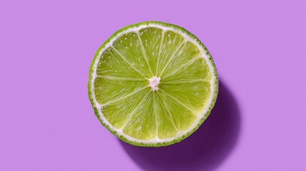 slices of green lime on soft purple background, top view