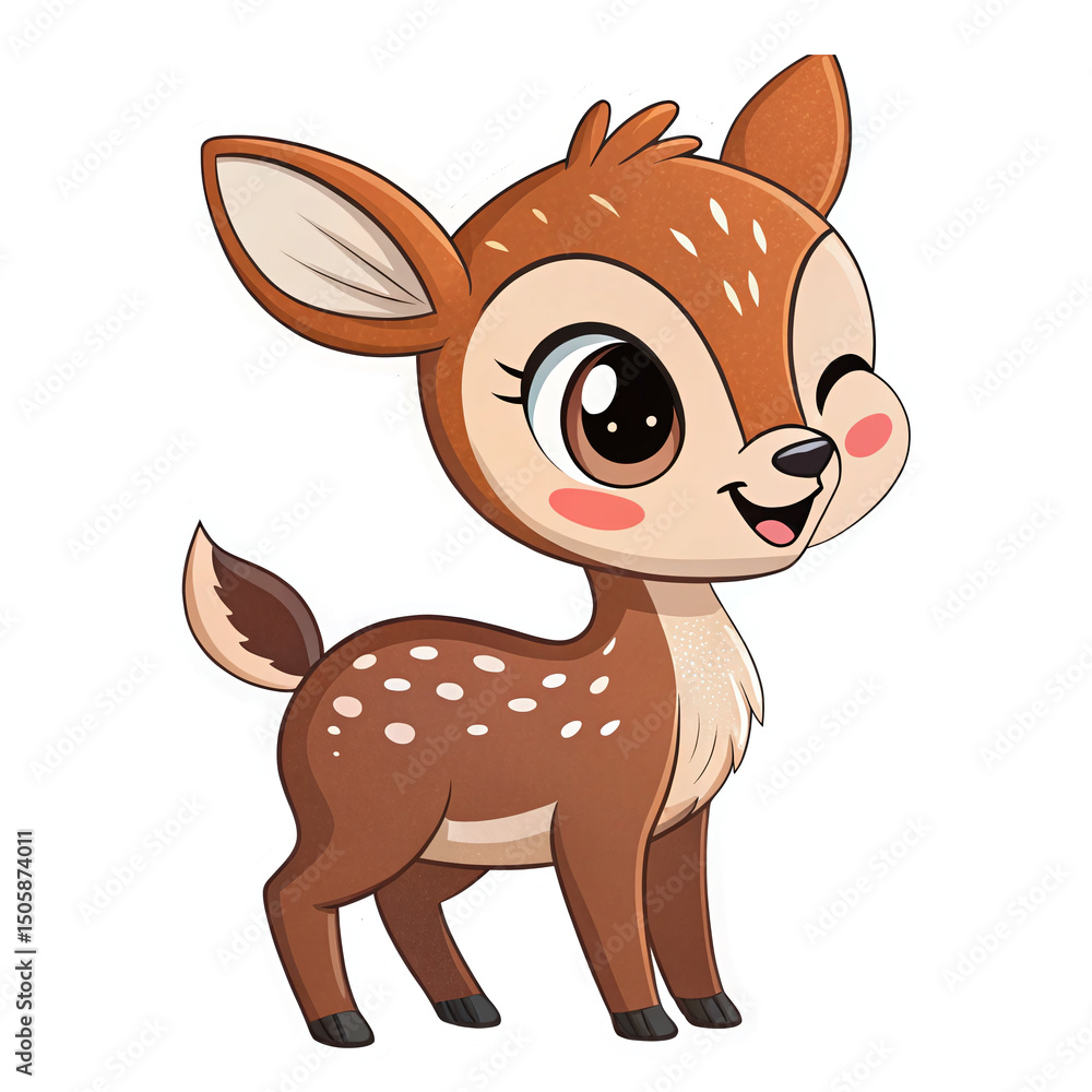 Poster cute cartoon deer character with winking expression and playful pose on transparent background