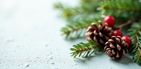 Elegant Christmas banner featuring glossy pine cones & berries , template, cones, shiny background
