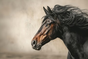 Majestic black horse with flowing mane poses against a soft background