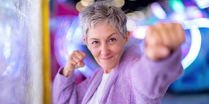 dynamic angle photo of friendly older female entrepreneur, dynamic pose in arcade 