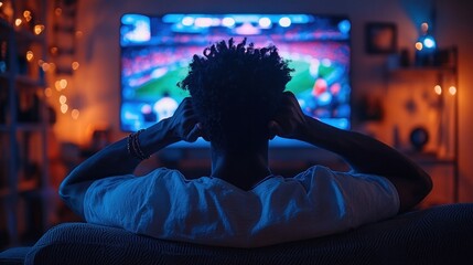 Man watching tense sports game on TV at home