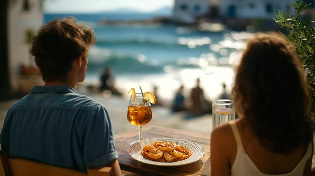 Couple enjoying tapas by the sea during golden hour in Málaga