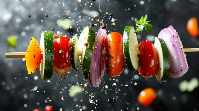 Colorful vegetables on a skewer are captured mid-air with spices and herbs exploding around against a dark background.