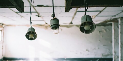 Abandoned Building Interior with Hanging Lights