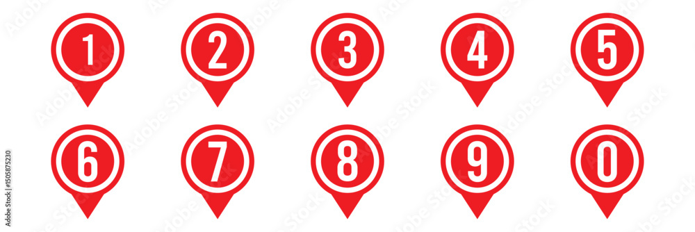 Poster location pin icon with number set. bullet points numbers from one to nine and zero. vector illustrat