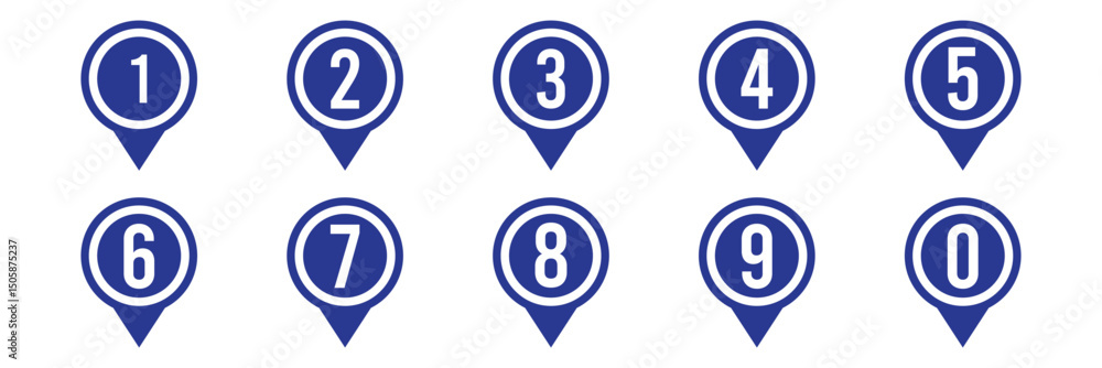 Poster location pin icon with number set. bullet points numbers from one to nine and zero. vector illustrat