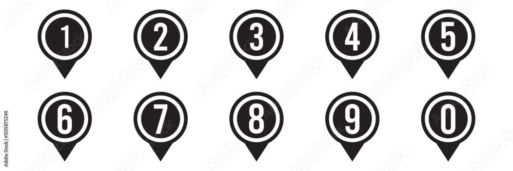 Poster location pin icon with number set. bullet points numbers from one to nine and zero. vector illustrat