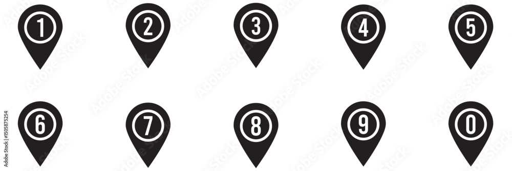 Poster location pin icon with number set. bullet points numbers from one to nine and zero. vector illustrat