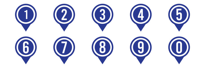 Location pin icon with number set. Bullet Points Numbers from One to nine and zero. Vector illustration.