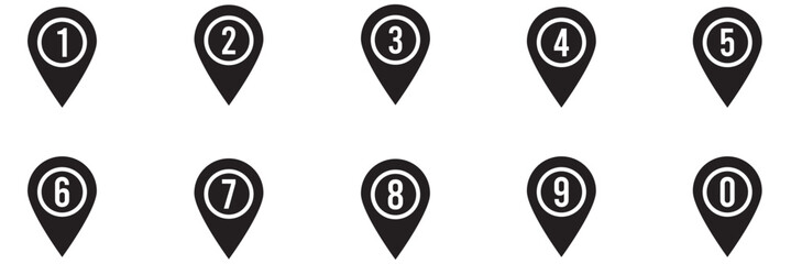 Location pin icon with number set. Bullet Points Numbers from One to nine and zero. Vector illustration.