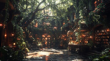 Lush forest library interior