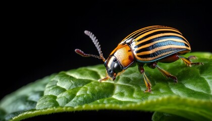 close up of a vibrant striped beetle perched on a green leaf against black