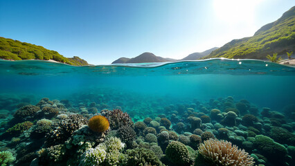 Fototapeta premium Colorful coral reef in blue water. Underwater biodiversity for marine biology or conservation topics or travel.