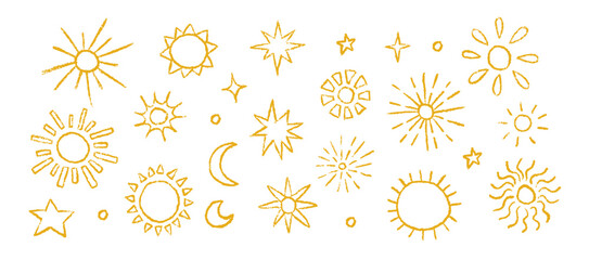 Doodle sun shape in sketch outline style. Hand drawn sun set. Scribble doodle sings drawn style