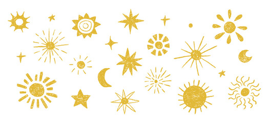 Doodle sun shape in sketch style. Hand drawn sun set. Scribble doodle textured sings drawn style