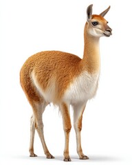A vicuña, a wild camelid, stands gracefully against a white background. Its light brown coat and elegant posture are captivating.