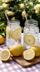 Fototapeta premium Refreshing lemon water in mason jars on a sunny picnic day in vibrant green grass, perfect for summer gatherings and outdoor enjoyment