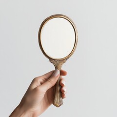 Elegant vintage hand mirror with ornate handle held by a hand