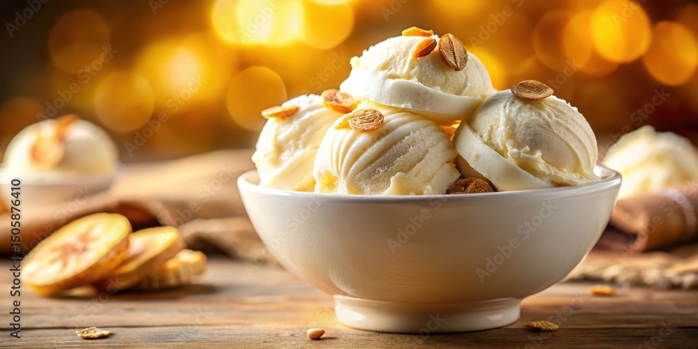 Poster a bowl of vanilla ice cream topped with almond slivers, nestled on a rustic wooden table with a warm