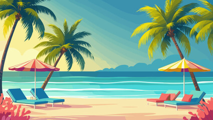 Tropical beach with sun loungers and colorful umbrellas against a serene ocean backdrop