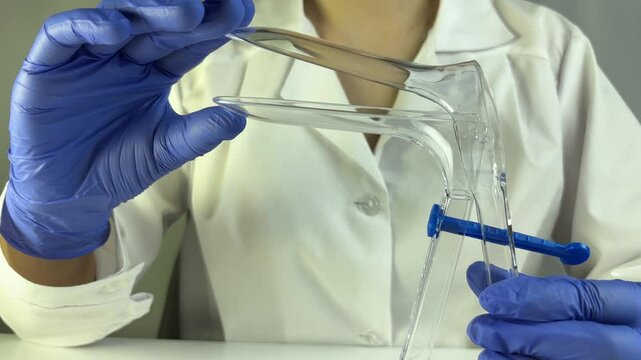 A healthcare professional in a white coat and blue gloves carefully holds a vaginal speculum, ready for a medical examination