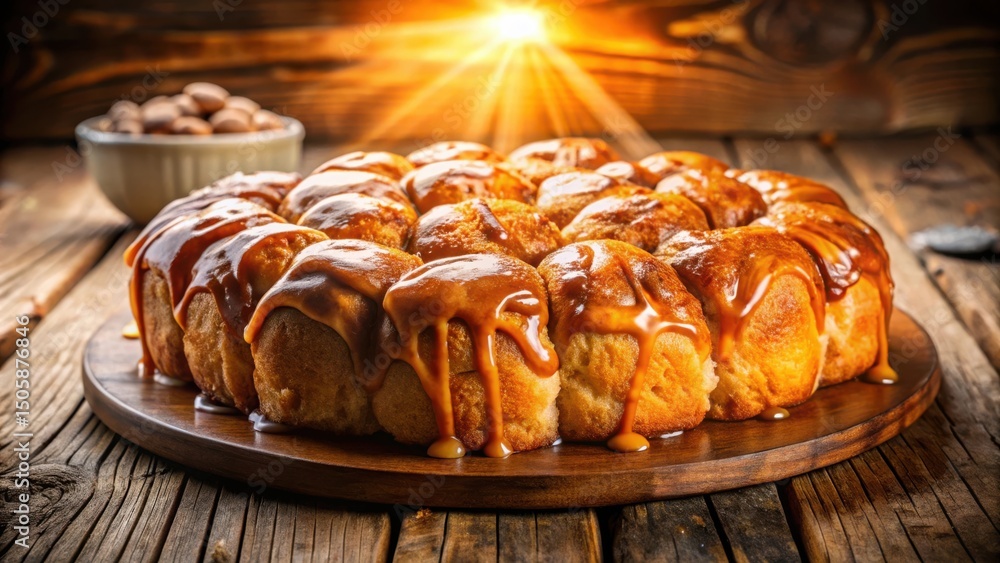 Poster a delectable caramel-topped pastry with a golden glow, invitingly arranged on a rustic wooden surfac