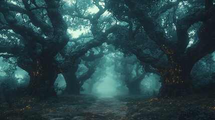 Misty Forest Path at Night