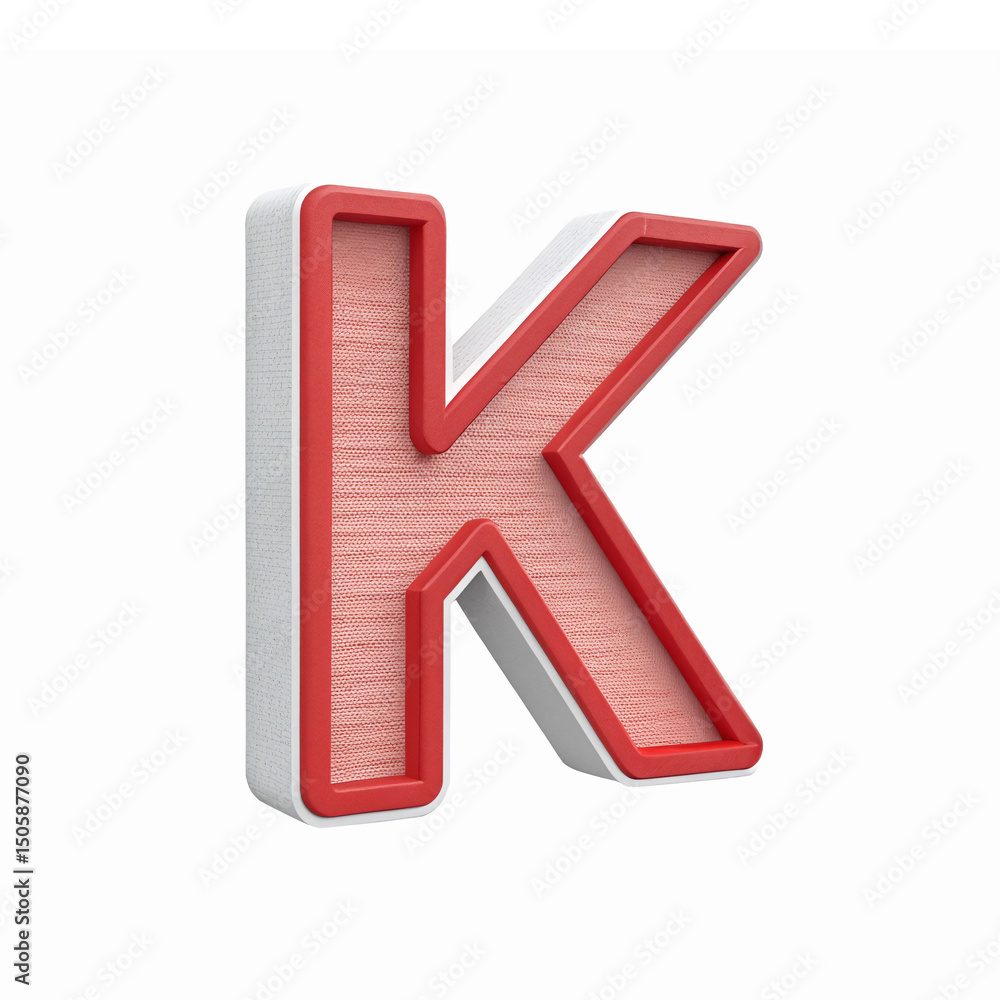 Poster 3d letter k in red and white with textured design on transparent background for branding and designs