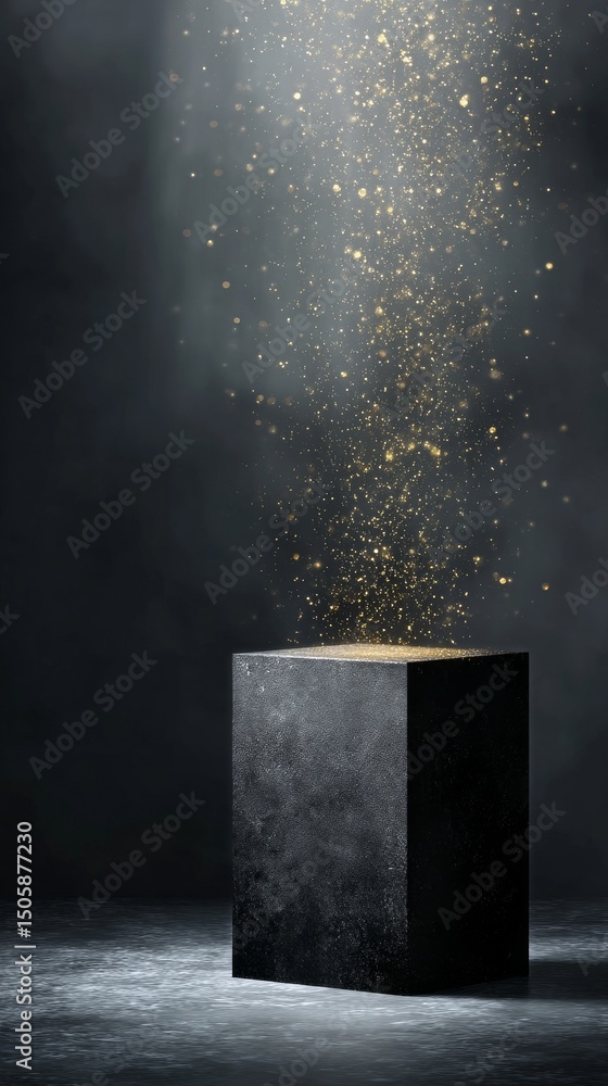 Poster mystical cube emanating sparkling particles in dimly lit environment.