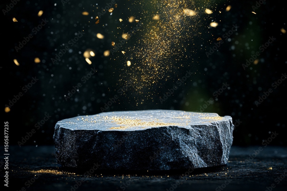 Poster magical particles cascading over a textured stone in a dark setting