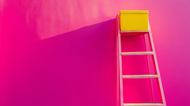 Against a vibrant pink background, a ladder full of colors features a yellow box resting on the third step