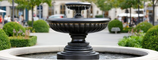 Water fountain splashes gently in a tranquil park setting, framed by blurred greenery. A peaceful ambiance invites visitors to relax amid nature's beauty.