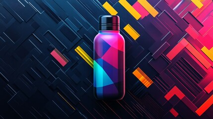 A dark background highlights a water bottle with a stylish geometric design in vibrant colors, exemplifying modern functionality