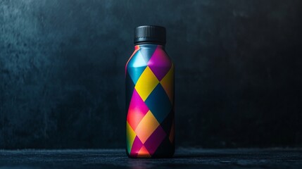 The stylish geometric design of a water bottle, set against a dark background in vibrant colors, epitomizes modern functionality