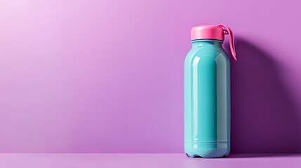 Against a rich purple background, a stylish turquoise water bottle with a pink lid is displayed, embodying the essence of modern design