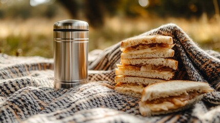 Picnic necessities, such as stacked sandwiches and a shiny thermos, are arranged on a soft blanket
