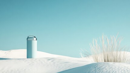 The thermos rests alone on white sand dunes under a sky that is clear and blue