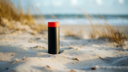 In the sand, a thermos stands by itself, distinguished by its bright red lid from the neutral colors of the beach
