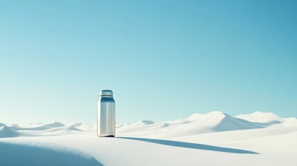 A thermos stands by itself on the white sand dunes with a clear blue sky above