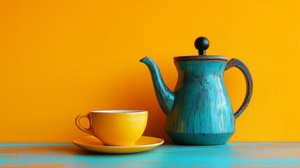The combination of a colorful coffee pot and cup on a vibrant yellow background inspires a sense of warmth and creativity during morning routines