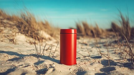 The beach's neutral tones are interrupted by a thermos with a bright red lid, which stands alone in the sand