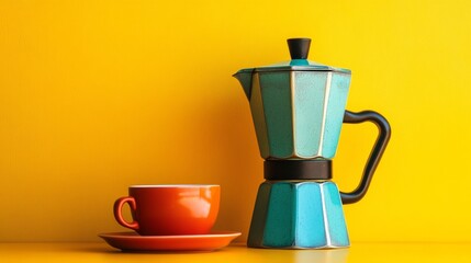 Against a vibrant yellow background, a colorful coffee pot and cup come together to evoke a sense of creativity and warmth in the mornings